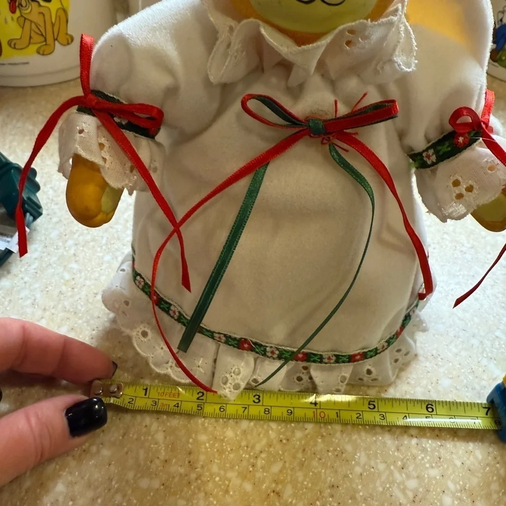 Vintage Angel Christmas Tree Topper Teddy Bear Figurine w/ Holiday White Dress